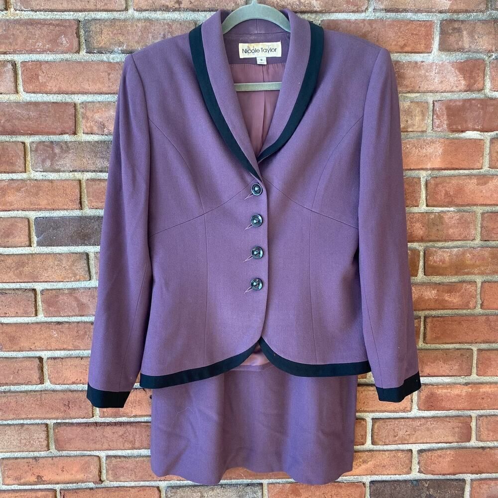 Nicole Taylor Wool Blazer and Skirt Suit Set Purple 8
